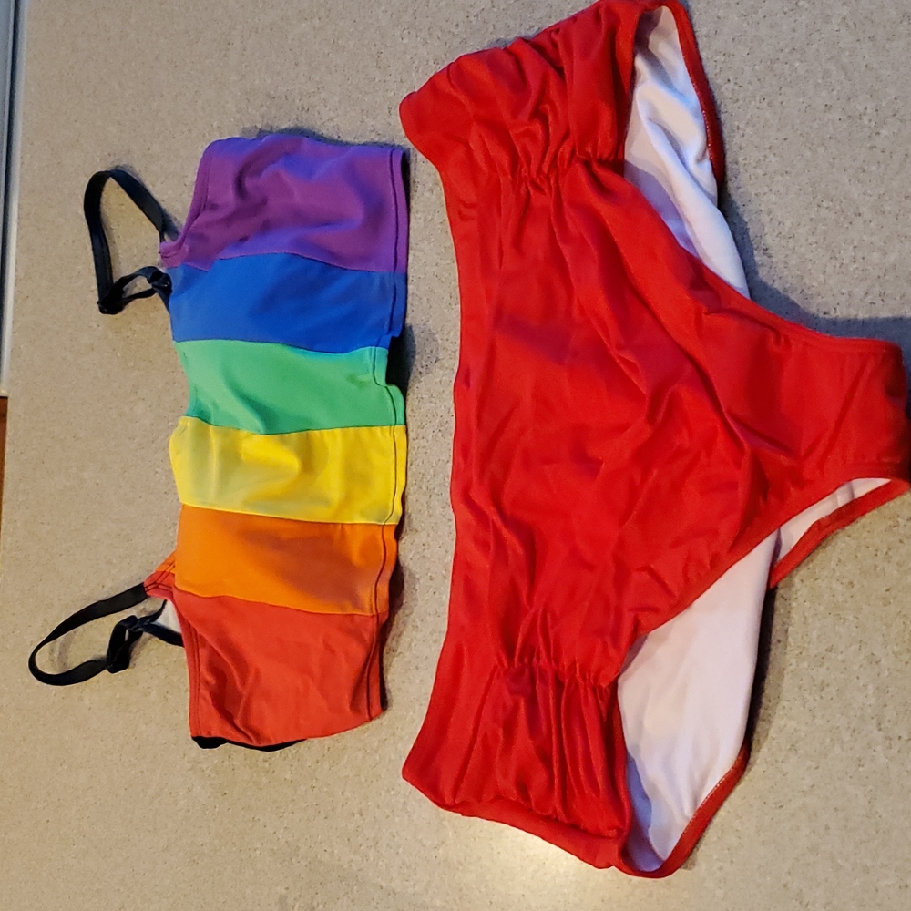 Rainbow tanking with red ruched bottoms